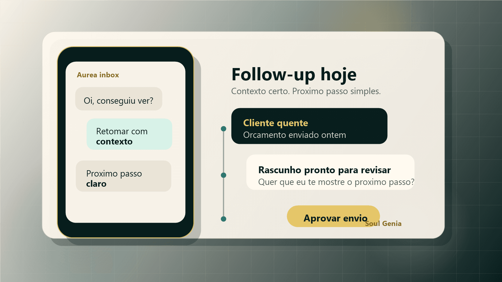 Celular com lembrete de follow-up e botão de aprovação em uma mesa clara representando retornos cuidadosos pelo WhatsApp