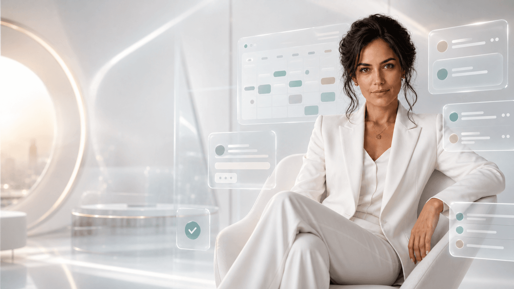 Áurea em estúdio futurista branco com painéis translúcidos de mensagens e agenda representando organização do atendimento